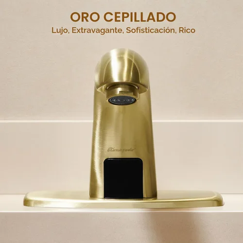 Vista 3 de Charmingwater Grifo de lavabo de baño sin contacto, grifo con sensor automático de movimiento con placa de cubierta de agujero, oro cepillado