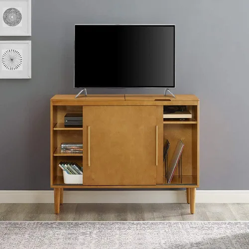 Vista 6 de Consola de medios y soporte para tocadiscos Crosley Furniture Everett con almacenamiento para discos de vinilo, color Avellano Acorn