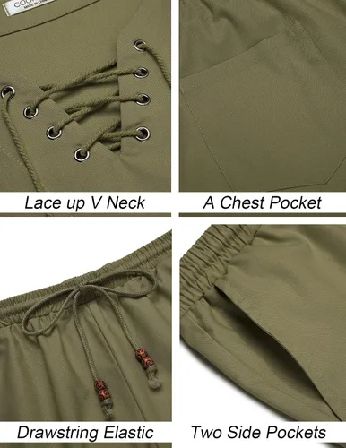 Vista 5 de COOFANDY Conjunto de 2 piezas de camisas y pantalones cortos de lino con cordones para hombre