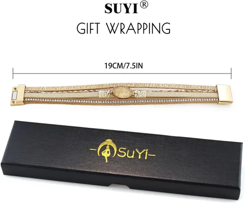 Vista 7 de SuYi - Pulsera de cuero trenzado de múltiples capas, con hebilla magnética