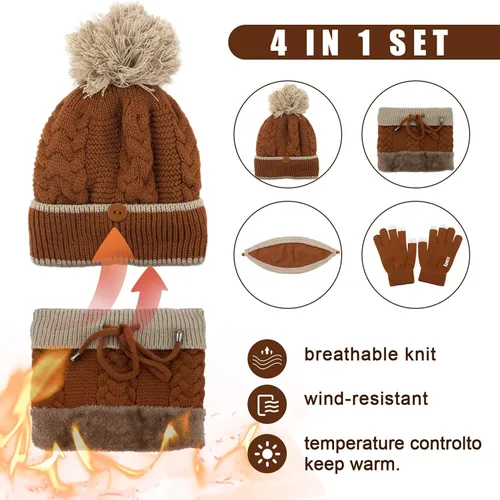 Vista 2 de Gorro de punto de invierno con bufanda y cubierta facial, guantes de pantalla táctil para mujer, gorro de calavera con pompón y forro polar