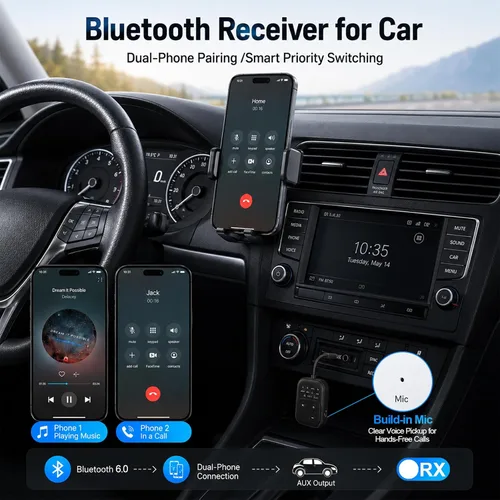 Vista 9 de Receptor transmisor de audio Bluetooth 6.0 Pro 2026 Adaptador Bluetooth para TV/avión/gimnasio/coche/estéreo para el hogar a auriculares