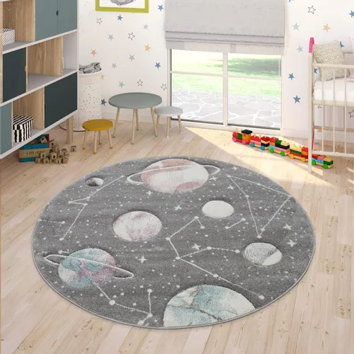 Vista 7 de Paco Home Alfombra de juego para niños, diseño de galaxia, para habitación infantil, planetas y estrellas, color gris, tamaño: 2 pies 8 pulgadas x 4