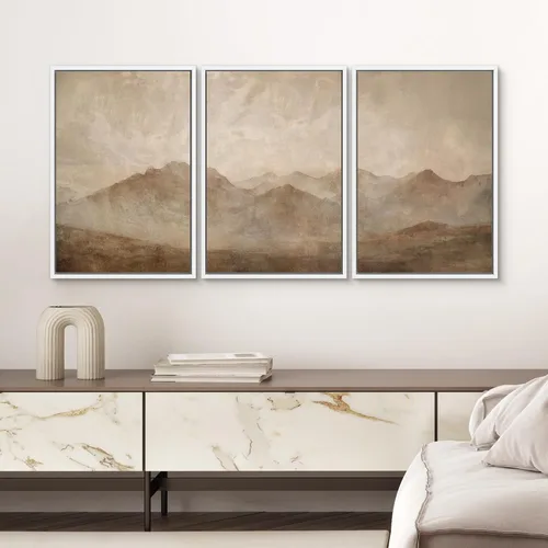 Vista 344 de SIGNWIN Lienzo enmarcado para pared, juego de arte neutro de bosque brumoso, ilustraciones en tono tierra, arte moderno, decorativo, bohemio