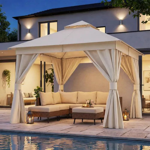 Vista 52 de LAUSAINT HOME - Cenador para exteriores de 8 x 8 pulgadas con cortinas Caqui