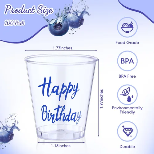 Vista 2 de Lallisa 100 vasos de chupito desechables de plástico de feliz cumpleaños, 2 onzas, vaso de chupito de cumpleaños, degustación de bebidas