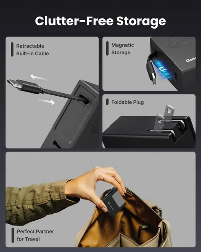 Vista 7 de Cargador de pared USB C de 40 W con cable retráctil integrado, bloque de carga rápida plegable 2 en 1, artículos esenciales de viaje compatible