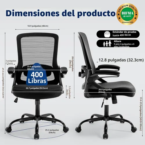 Vista 2 de Silla de oficina ergonómica con soporte lumbar ajustable Negro