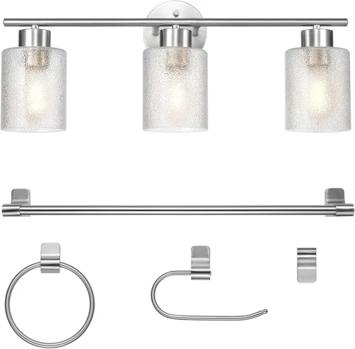 Vista 18 de GLOBE Electric 63000062 - Juego de baño todo en uno de 5 piezas, negro mate y latón, luz de tocador de 3 luces, vidrio sembrado, toallero, soporte
