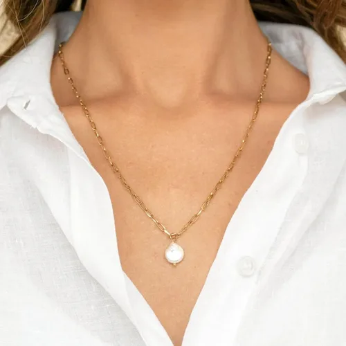 Vista 2 de Collares de perlas para mujer, chapado en oro de 14 quilates, hecho a mano, delicado collar de cadena de perlas de agua dulce, collar con colgante