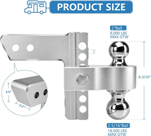 Vista 3 de Enganche de remolque ajustable - Tlvuvmo Enganche de caída de aluminio (se adapta a receptor de 2.5''), caída/elevación de 6 pulgadas, capacidad