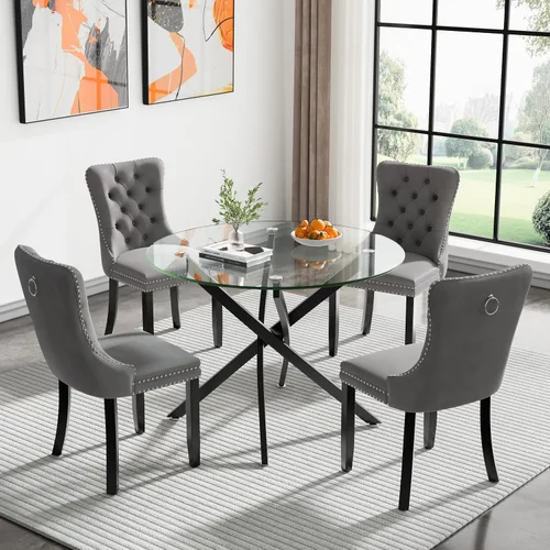Vista 116 de Juego de mesa de comedor SSLine moderno de 3 piezas con mesa redonda de vidrio para 2, lujosa mesa de comedor circular de 36" con tapa de vidrio