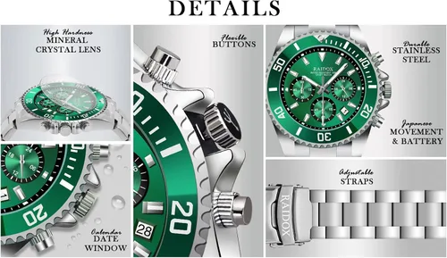 Vista 2 de Reloj para hombre con cronógrafo analógico, reloj de cuarzo, correa de acero inoxidable, formal e informal, resistente al agua, antioxidante
