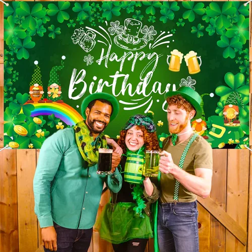 Vista 2 de Decoraciones de cumpleaños del día de San Patricio, pancarta de fondo de feliz cumpleaños del día de San Patricio, trébol de la suerte, trébol