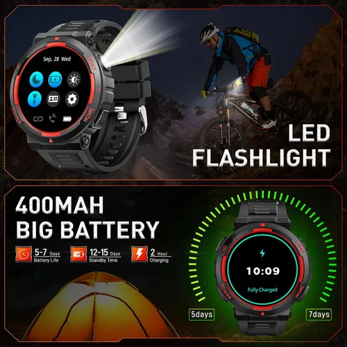 Vista 5 de Relojes inteligentes militares para hombres (respuesta/hacer llamadas) con linterna LED 3ATM resistente al agua reloj inteligente con más de 100