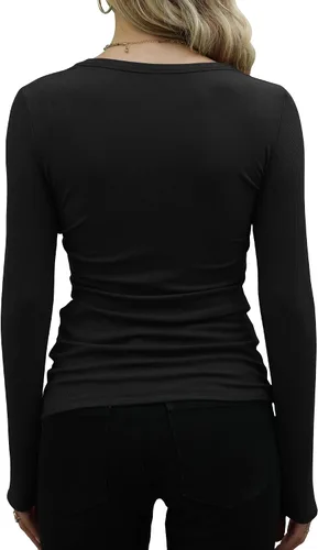 Vista 3 de GEMBERA Camisas básicas ajustadas de manga larga acanaladas con cuello redondo para mujer