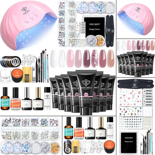 Vista 11 de Modelones Kit de uñas de polygel de 133 piezas, kit de gel para extensiones de uñas de 32 colores en primavera rosa pastel con lámpara de uñas, capa