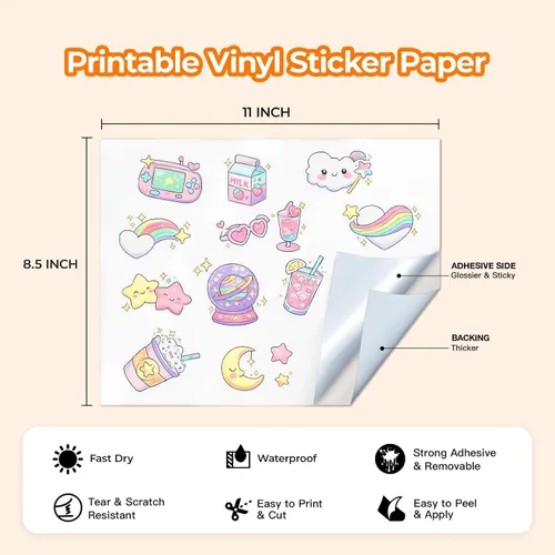 Vista 8 de Papel adhesivo de vinilo imprimible – Vinilo impermeable para impresora láser y inyección de tinta 15 hojas autoadhesivas – Blanco mate