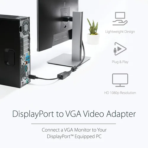 Vista 2 de StarTech Adaptador activo DisplayPort a VGA, 1080p 60Hz, certificado (DP2VGA2) Compatible con fuente DP o DP++, paso EDID y DDC, bloqueo
