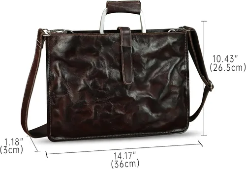 Vista 5 de Maletín delgado de cuero genuino para hombres y mujeres, bolso bandolera vintage para computadora portátil de negocios