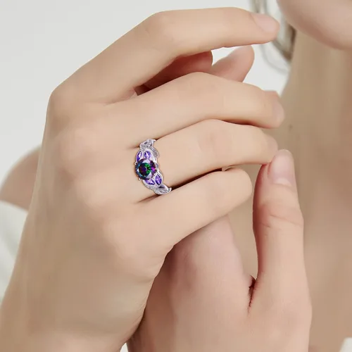 Vista 6 de Anillo de compromiso de plata de ley 925 de 3.6 quilates para mujer, topacio arcoíris zafiro aguamarina Anillo de compromiso para mujer