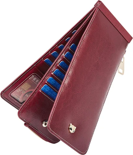 Vista 8 de FOXLOVER Portatarjetas de crédito múltiples para mujer, con bloqueo RFID, cartera de cuero para mujer con bolsillo con cremallera, rojo vino