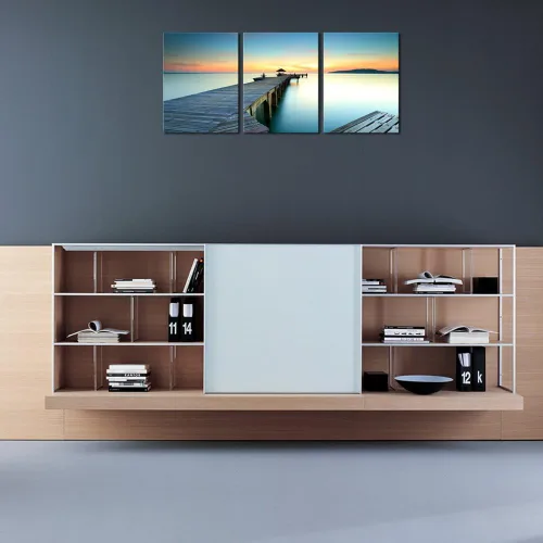 Vista 2 de Wieco Art 3 piezas de lienzo de paisaje marino impresiones de arte de pared, puesta de sol, océano, playa, pinturas para cocina, dormitorio, hogar