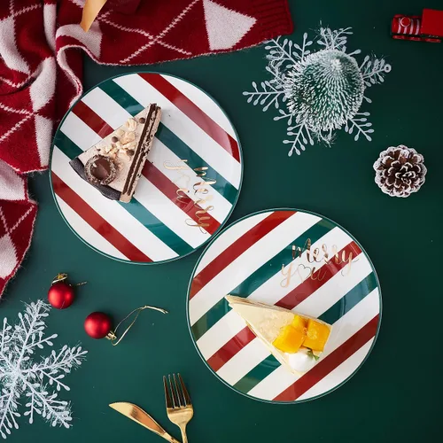 Vista 3 de Platos de Cena de Navidad de China Ósea - Platos de Postre - Platos de Ensalada Juego de 4, Apto para Lavavajillas (Rayado, 20.3 cm)
