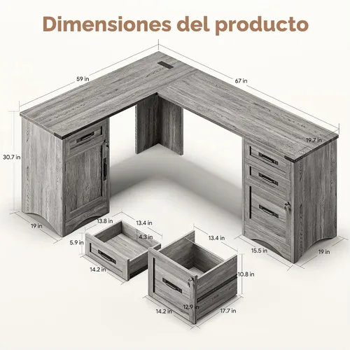 Vista 2 de Decofy L Shaped Farmhouse Executive Desk with Drawers, Grey Gris