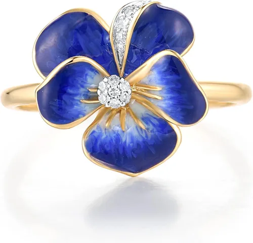 Vista 2 de Santuzza Anillo de diamante genuino de flor esmaltada de oro sólido amarillo de 10 quilates para mujer