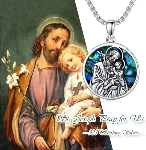Vista 7 de Shusukue Collar con colgante de plata de ley 925 con concha de abulón medalla redonda de San Miguel Jude Antonio Pedro para hombres mujeres niños