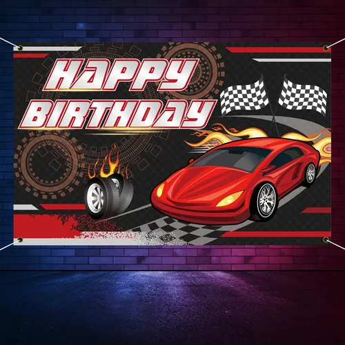 Vista 4 de Telón de fondo de cumpleaños de carreras de autos (5.9 x 3.7 pies), pancarta de tela gruesa a las arrugas, para cabina de fotos para niños, fiesta