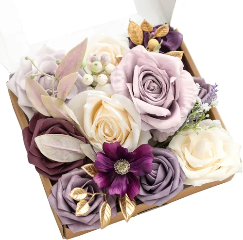 Vista 6 de Ling's moment Caja de flores falsas, tallos de vegetación artificiales artificiales, rosas de espuma, dalia, gardenia, tulipán, flor fábica de seda