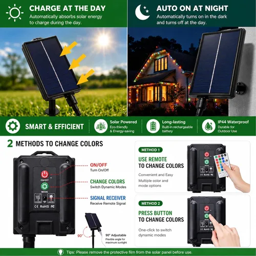 Vista 5 de Vigdur Cuerda de luces solares de 33 pies para exteriores, 100 LED, 18 luces LED que cambian de color, impermeable, con control remoto y Varios