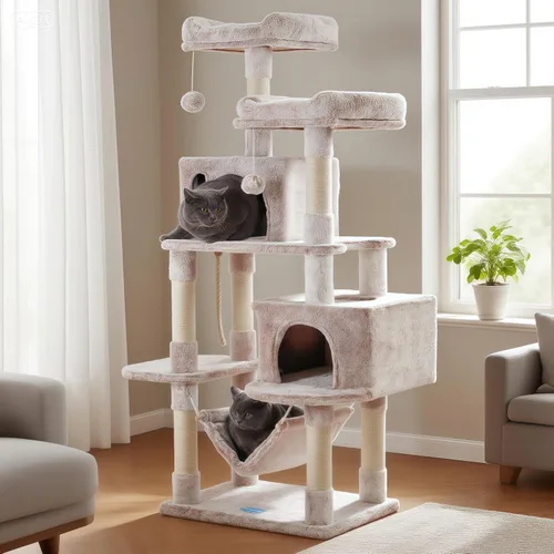 Vista 10 de Hey-brother - Mueble grande de casita de gato multinivel con postes rascadores cubiertos de sisal, 2 condominios de felpa más grandes, hamaca Beige