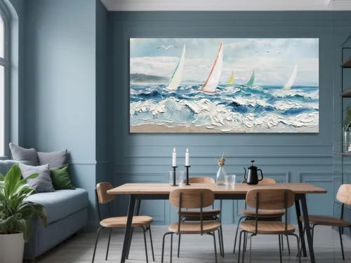 Vista 4 de Enartly Arte de pared texturizado 3D con ondas oceánicas para sala de estar, paisaje marino azul, velero, lienzo, pintura costera, obra de arte