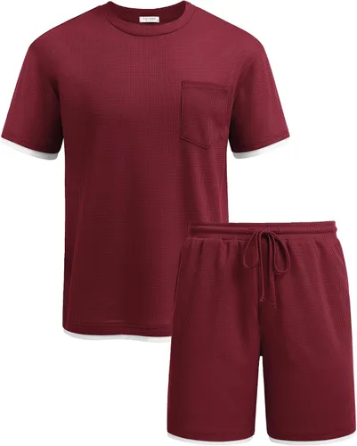 Vista 50 de COOFANDY Conjunto de camisa y pantalones cortos de gofre para hombre, conjunto de 2 piezas, conjunto casual de verano con bolsillos