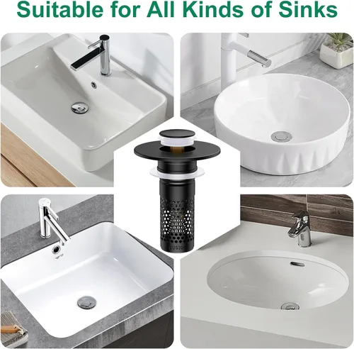 Vista 8 de Colador de drenaje para lavabo de baño, tapón universal para fregadero Negro