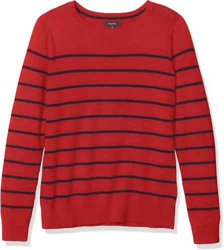 Vista 5 de Nautica Suéter de manga larga para mujer, 100% algodón, a rayas, cuello redondo