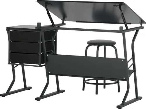 Vista 6 de Eclipse Ultra - Mesa de dibujo con taburete, parte superior ajustable en ángulo, estantes de almacenamiento y cajones de 2 piezas
