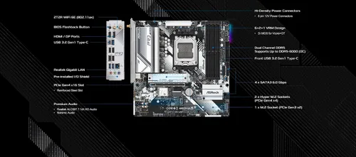 Vista 4 de ASRock A620M PRO RS WiFi soporta procesadores AMD Socket AM5 Ryzen 7000 Series