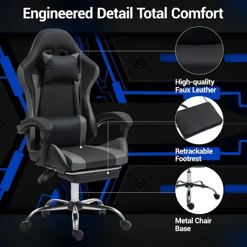 Vista 5 de Silla ergonómica para juegos con madera de masaje, silla de videojuegos gris con reposapiés para adultos y niños, reposacabezas ajustable y soporte