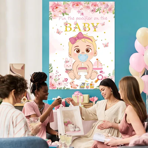 Vista 3 de Juego Pon el Chupete al Bebé Rosa Juego de Baby Shower Decoraciones para Fiesta Incluye Póster Grande 30 Pegatinas de Chupete Juego para Baby