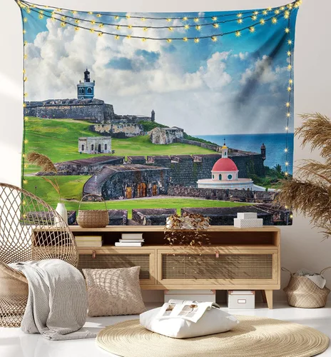 Vista 8 de Lunarable Tapiz de Puerto Rico, histórico Fort San Felipe del Morro, paisaje de América Central y Caribe, decoración de tela para colgar en la pared