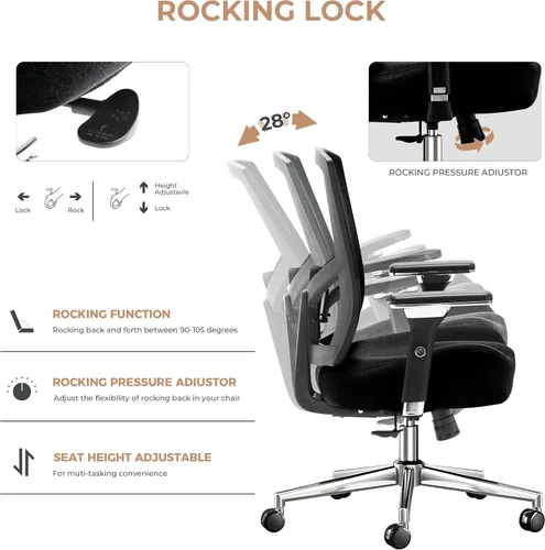 Vista 7 de Silla de oficina grande y alta de 600 libras con cojín de asiento grueso en forma de W, sillas de escritorio ergonómicas de malla para computadora
