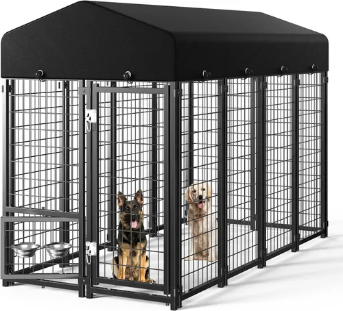 Vista 9 de Perrera para Perros al Aire Libre, Perrera para Perros con Techo y Comederos Giratorios/Puerta para Perros Desmontable Permite Conectar Su Casa