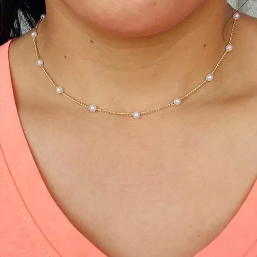 Vista 5 de Ieftop Collares de perlas para mujer, chapado en oro de 14 quilates, hecho a mano, delicado collar de cadena de perlas de agua dulce, collar