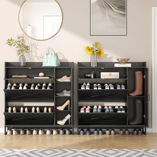 Vista 7 de Auromie - Organizador de zapatos independiente con 2 cajones abatibles y gabinete lateral, almacenamiento estrecho de zapatos para entrada con Negro