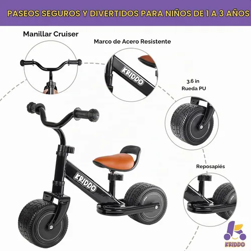 Vista 3 de KRIDDO Bicicleta de Equilibrio para Niños de 1-2 Años, Mini Crucero para el Primer Cumpleaños, Negro Asiento ajustable Mini Cruiser, regalos