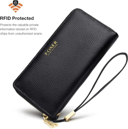Vista 4 de FOXLOVER Carteras de cuero genuino para mujer carteras de embrague con cremallera RFID con pulsera